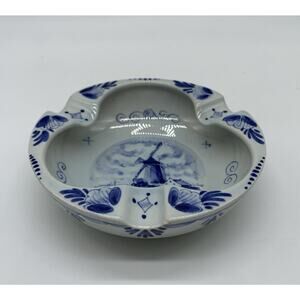 Vintage Dutch Hand Painted Blue Delft Windmill Ashtray Schoonhaven Holland Read